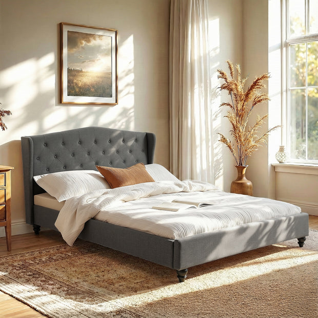 Artiss Queen Bed Frame with Wingback Headboard Grey Linen Upholstered Platform Bed Base