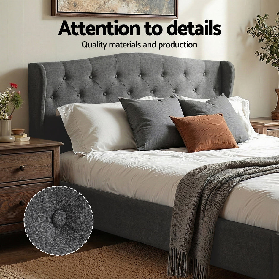 Artiss Queen Bed Frame with Wingback Headboard Grey Linen Upholstered Platform Bed Base