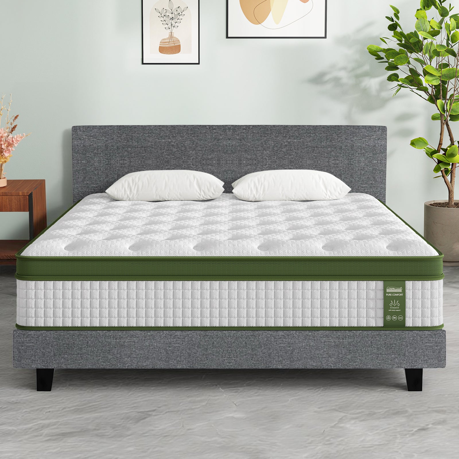 Artiss BedStory King Bed Frame Set With Hybrid Mattress Medium Firm Linen Grey