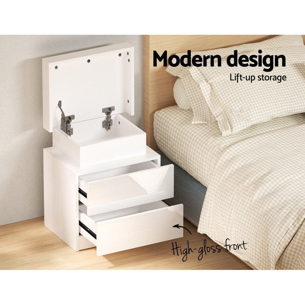 Artiss 2X Bedside Table LED 2 Drawers Lift-up Storage - COLEY White