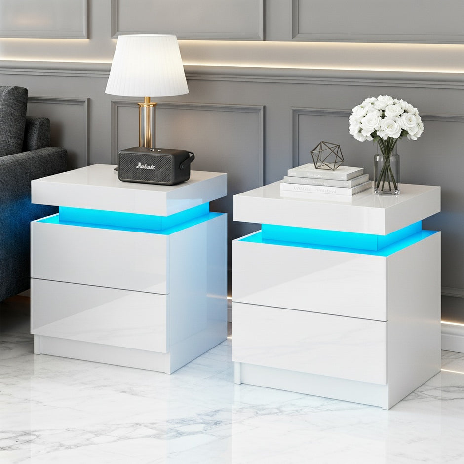 Artiss 2X Bedside Table LED 2 Drawers Lift-up Storage - COLEY White