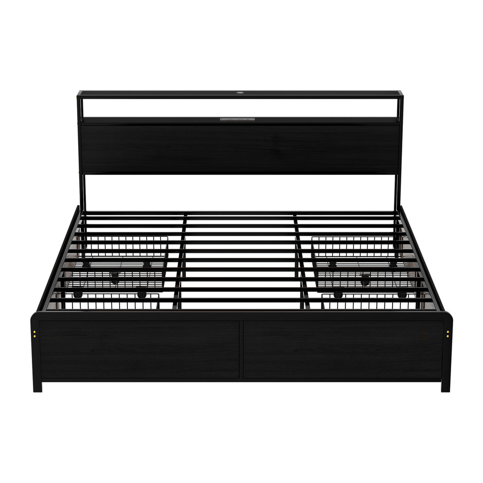 Artiss Metal Bed Frame King Size Storage Headboard Charge Station LED 4 Drawers
