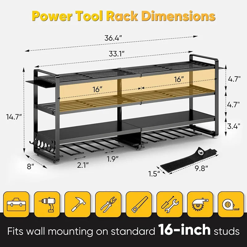 Large Power Tool Organizer Wall Mount Heavy Duty 4-Tier 12 Drills Holder Tool Storage Battery Shelf for Workshop Shed Basement
