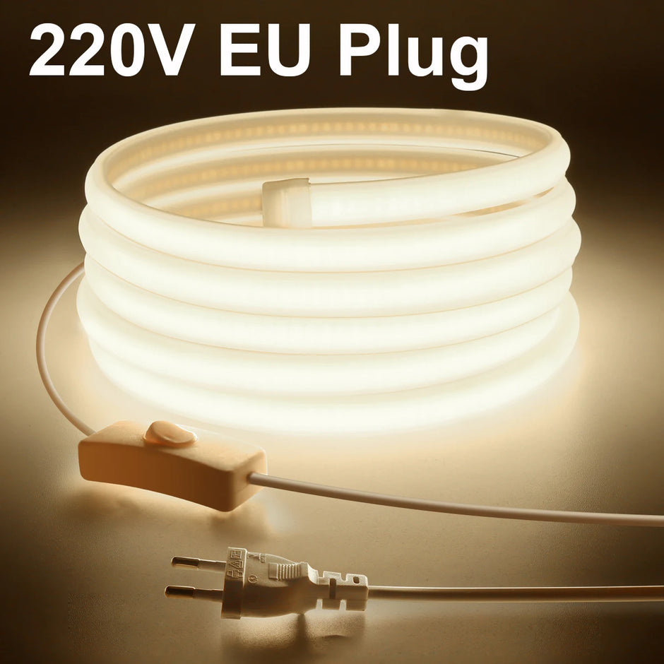 Lighting Modern  –  230V 220V LED Strip COB Light With EU Power Plug Home Decoration Lamp Wall / Corridor Under Cabinet Lighting Strips Waterproof