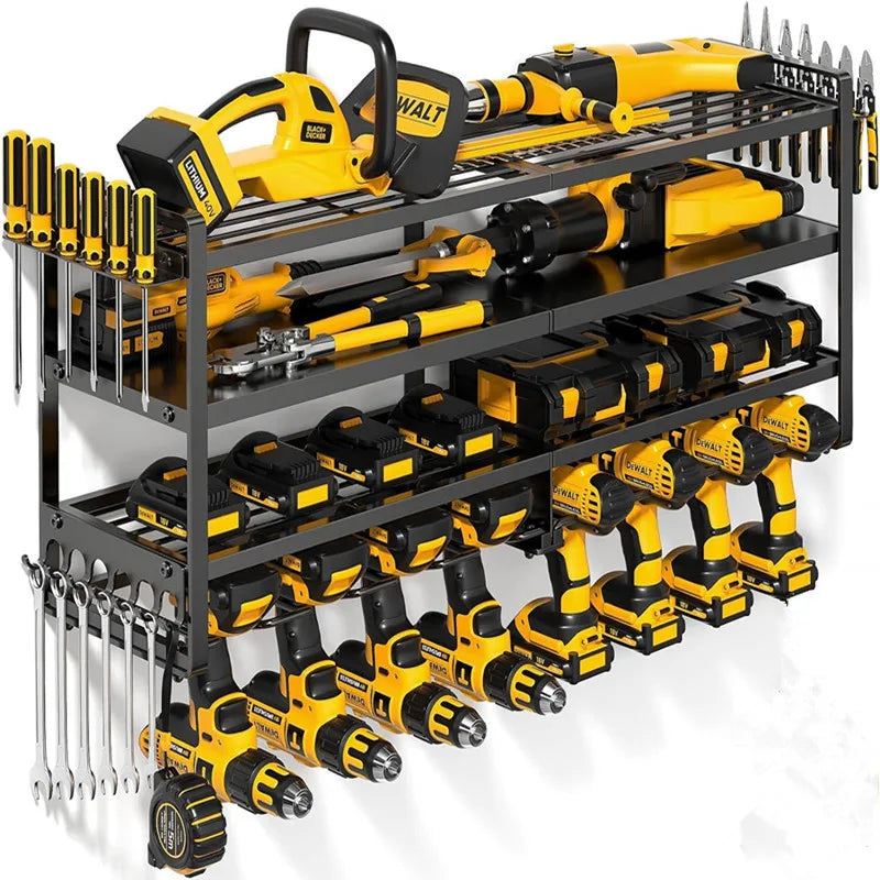 Large Power Tool Organizer Wall Mount Heavy Duty 4-Tier 12 Drills Holder Tool Storage Battery Shelf for Workshop Shed Basement