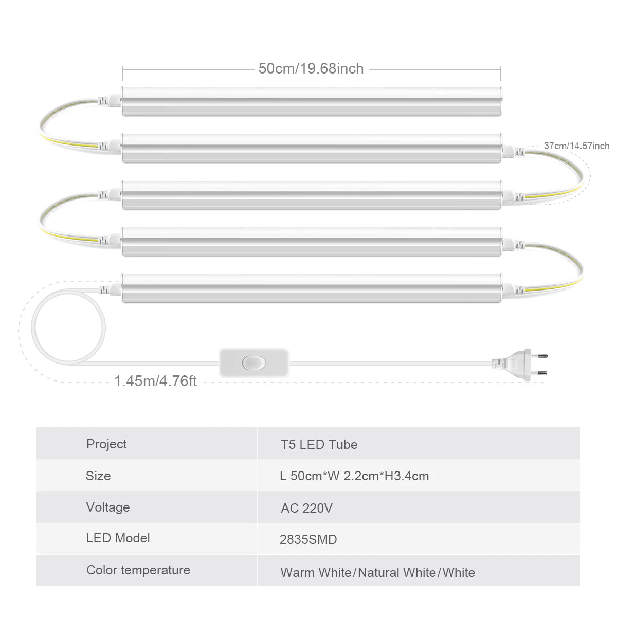 Lighting Modern  –  50cm led Lights Kitchen under cabinet Lamp 220V 15W  Led Tube With 1.2m EU Plug Switch Power Cable For Home Bedroom Indoor Lamps