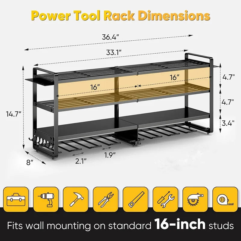 Large Power Tool Organizer Wall Mount Heavy Duty 4-Tier 12 Drills Holder Tool Storage Battery Shelf for Workshop Shed Basement