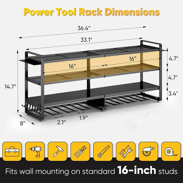 Large Power Tool Organizer Wall Mount Heavy Duty 4-Tier 12 Drills Holder Tool Storage Battery Shelf for Workshop Shed Basement