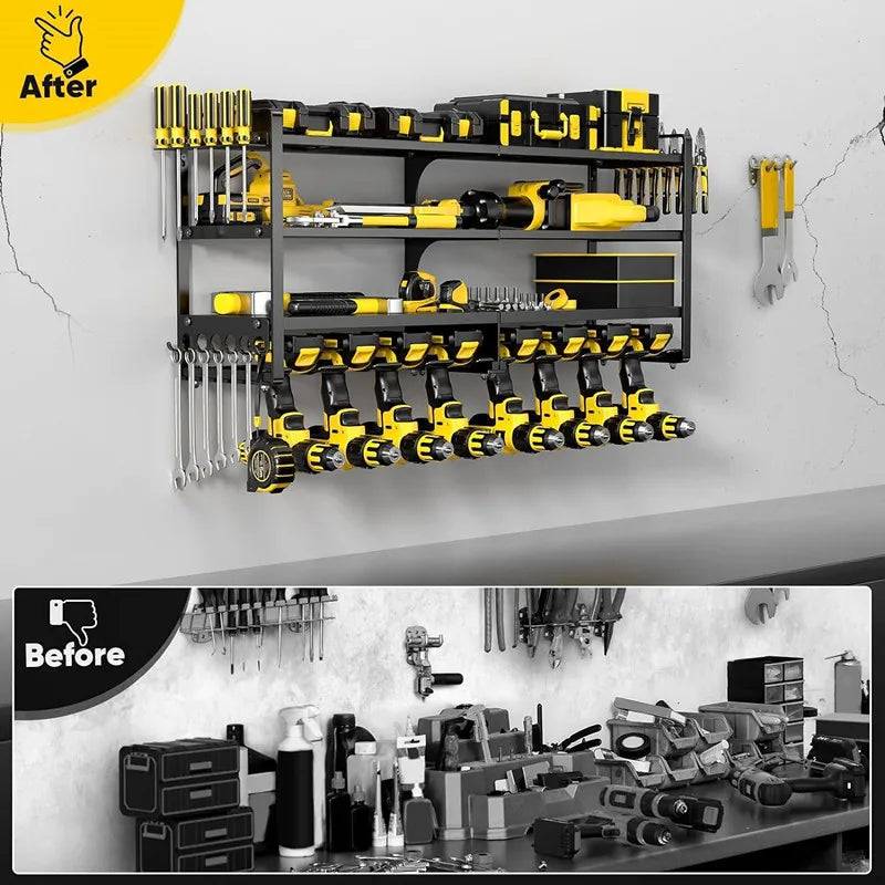 Large Power Tool Organizer Wall Mount Heavy Duty 4-Tier 12 Drills Holder Tool Storage Battery Shelf for Workshop Shed Basement