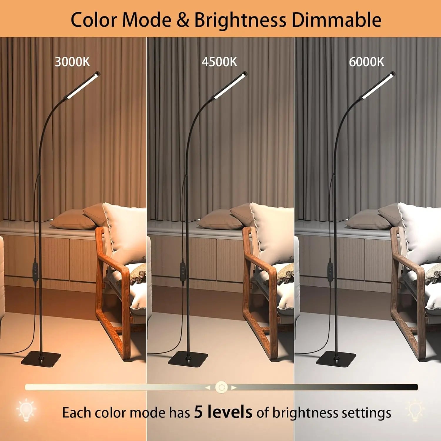 Lighting Modern  –  LED Floor Lamp Dimmable 3 Color 5 Levels with Remote Control Timer Adjustable Standing Gooseneck Light for Living Room Reading
