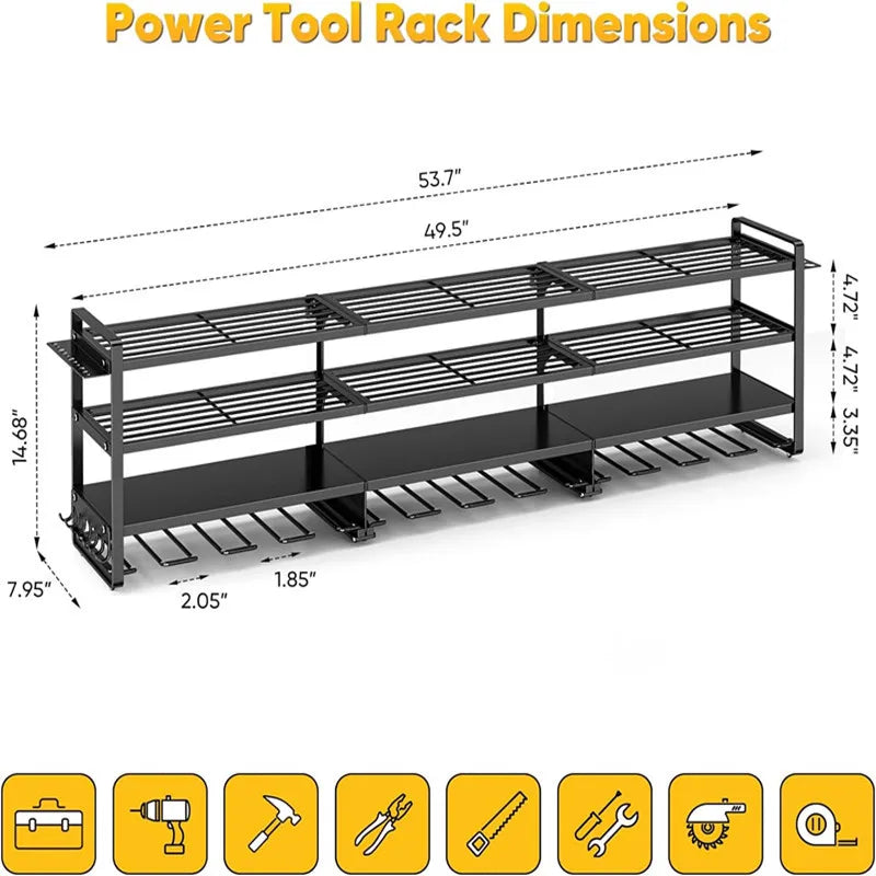 Large Power Tool Organizer Wall Mount Heavy Duty 4-Tier 12 Drills Holder Tool Storage Battery Shelf for Workshop Shed Basement