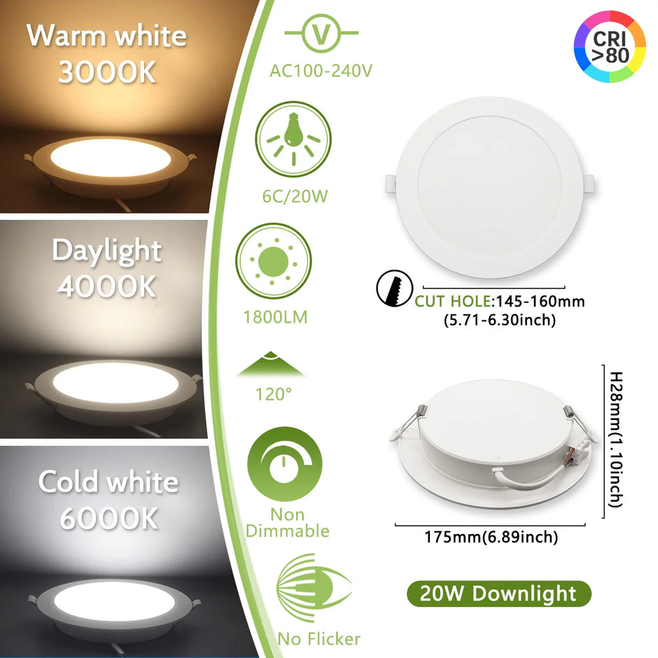 Lighting Modern  –  40Pack Flicker-free Recessed Led Downlight AC100-240V 24W 20W 17W 14W 10W 6W Panel Light Cold Lighting Foyer Study Home Light