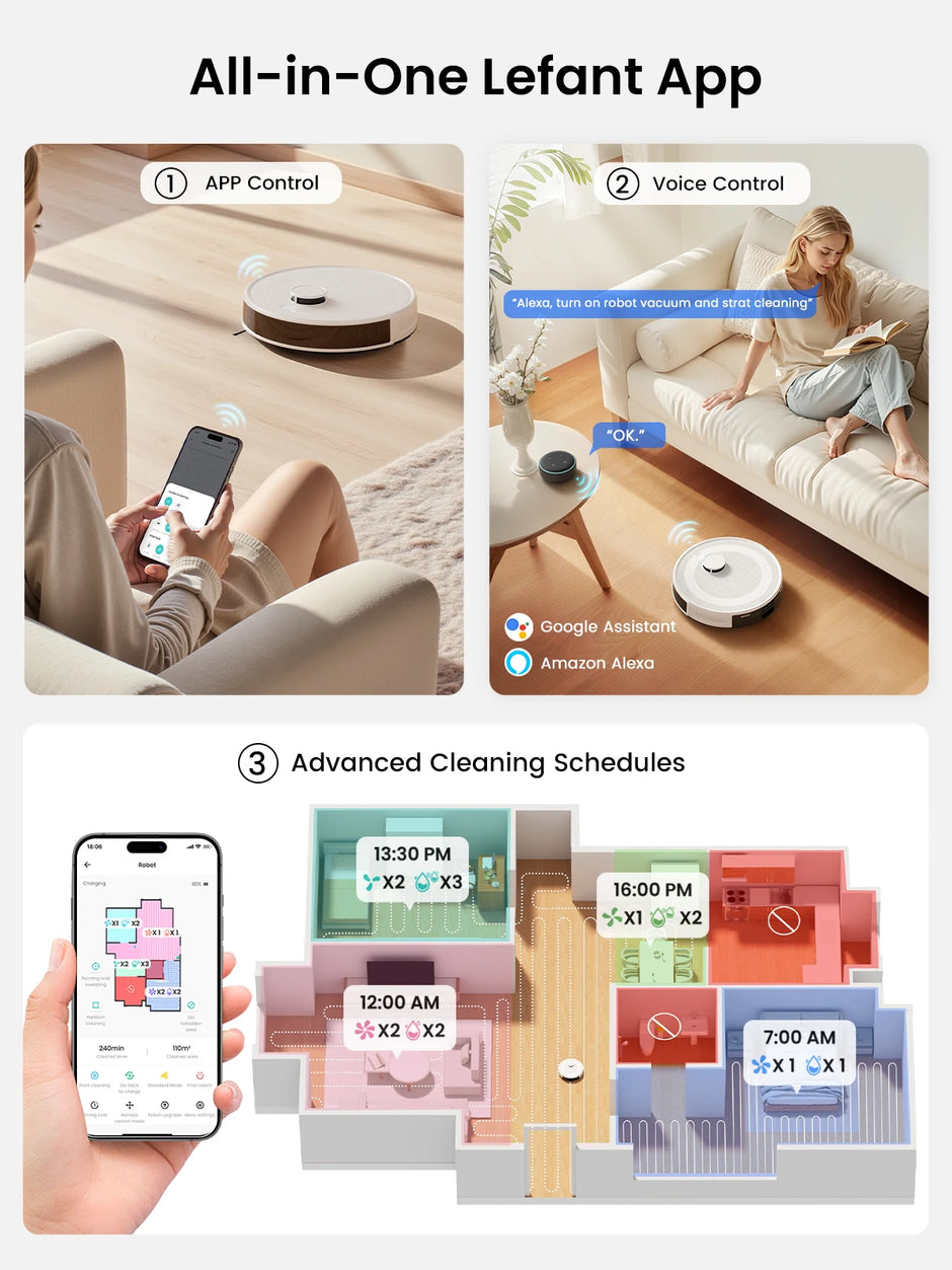 Lefant Robot Vacuum Cleaner M2 Pro Self-Emptying, 6000Pa, DTOF Laser Navigation, PSD Obstacle Avoidance, Smart Carpet Floor Wash