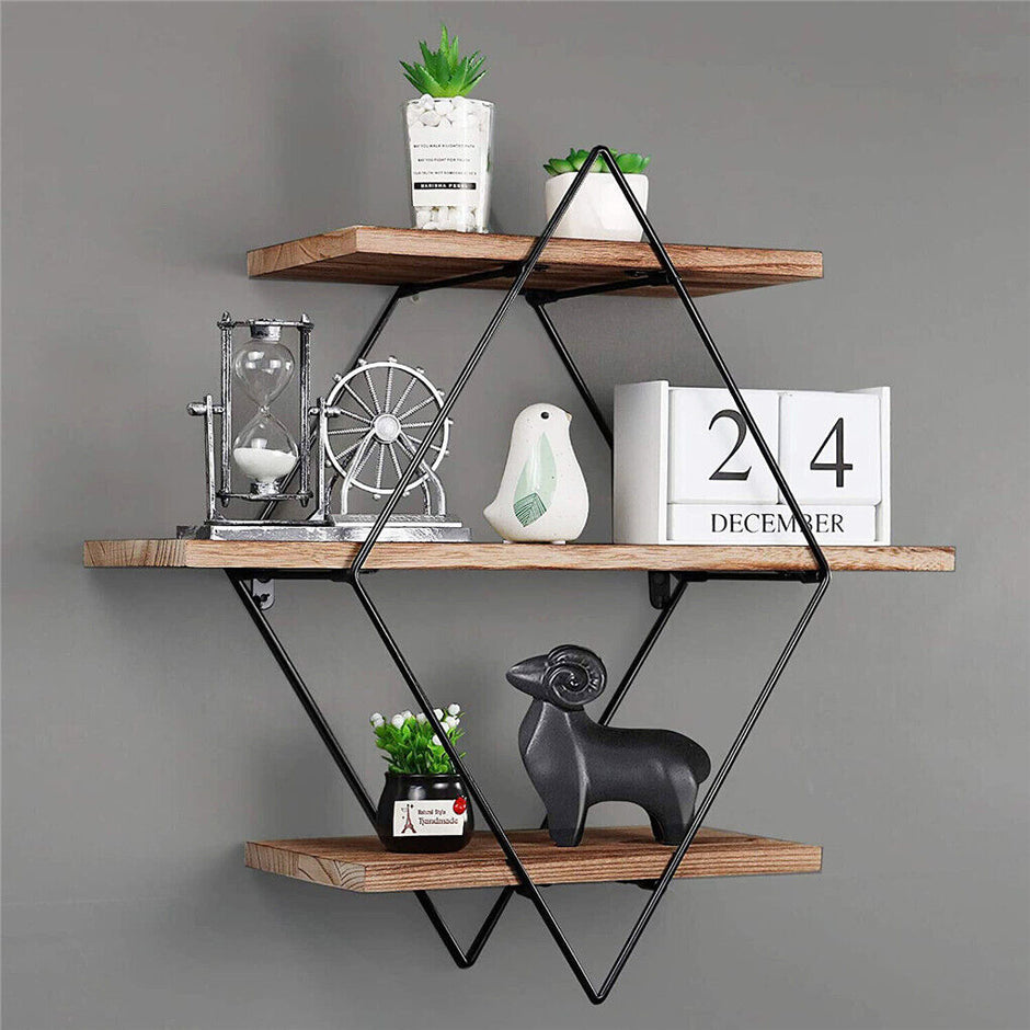 3-Tier Rustic Floating Wall Shelves Wood Display Books