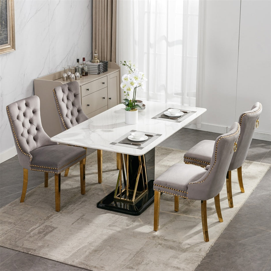 AADEN 2x Velvet Dining Chairs with Golden Metal Legs-Grey