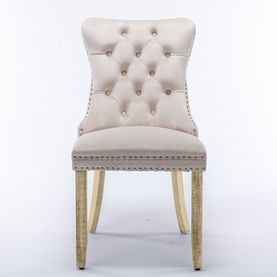 2x Velvet Dining Chairs Upholstered Tufted Kithcen Chair with Solid Wood Legs Stud Trim and Ring-Beige