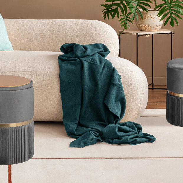 2X Side Table Storage Ottoman - Velvet Padded Stool Vanity Footstool REMI GREY