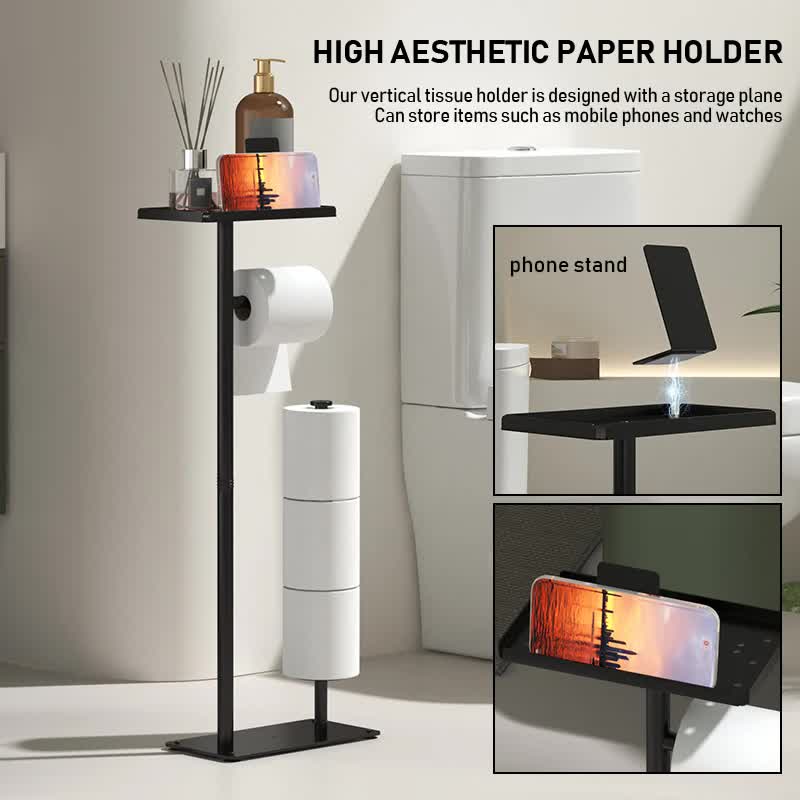 2-in-1 Freestanding Toilet Paper Holder - Thick Carbon Steel with Matte Black Finish, Storage Top and 2 * Paper Roll Holder