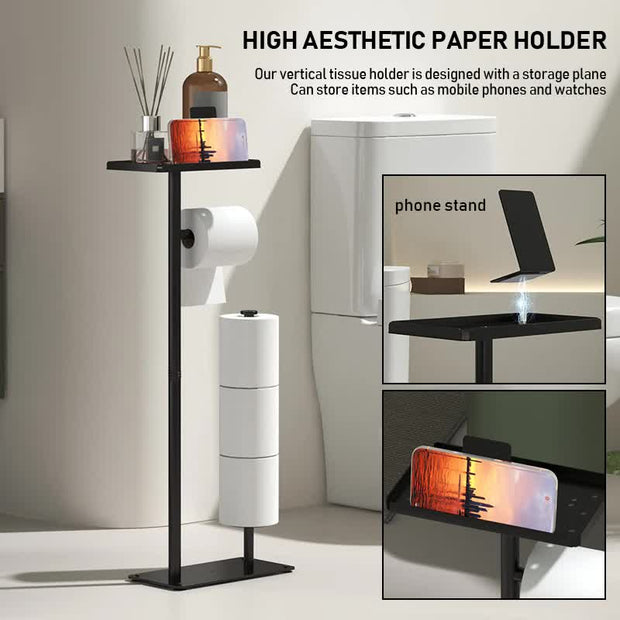 2-in-1 Freestanding Toilet Paper Holder - Thick Carbon Steel with Matte Black Finish, Storage Top and 2 * Paper Roll Holder