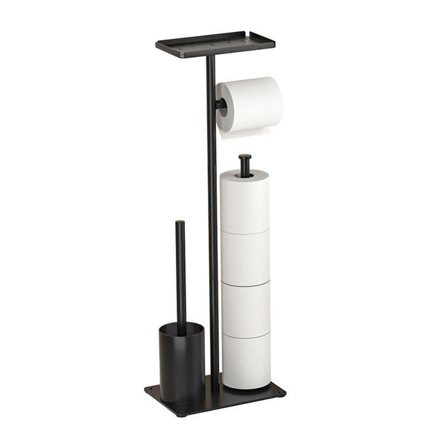 3-in-1 Freestanding Toilet Paper Holder - Thick Carbon Steel with Matte Black Finish, Storage Top, Paper Roll Holder, and Integrated Brush Holder
