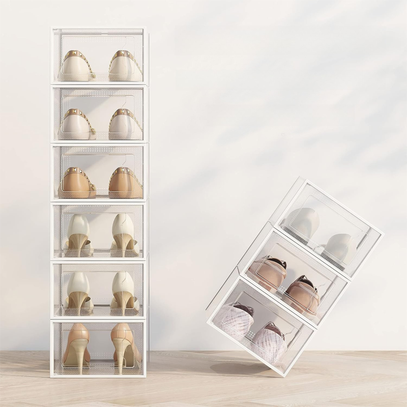 2-Pack Black Clear Stackable Shoe Storage Organizer Boxes - Durable Plastic Sneaker Display and Closet Storage Containers with Magnetic Drop Front