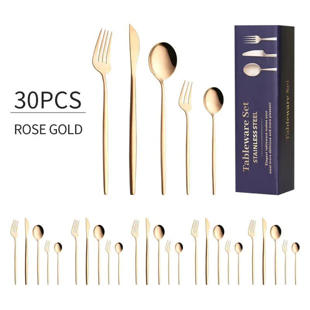 30-Piece Rose Gold Portuguese Style Cutlery Set - Mirror Polished 410 Stainless Steel Dinnerware for 6 (Steak Knives Included)