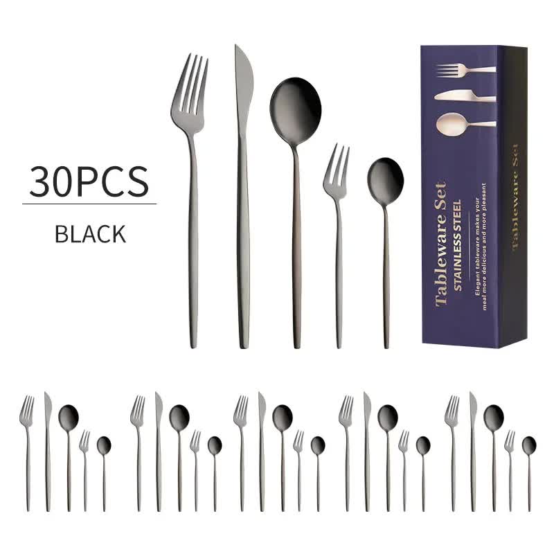 30-Piece Black Portuguese Style Cutlery Set - Mirror Polished 410 Stainless Steel Dinnerware for 6 (Steak Knives Included)